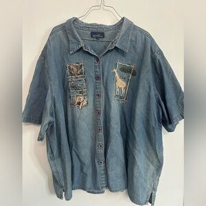 Vintage Penningtons Blue Denim Shirt with Animal Giraffe Cheetah Embroidery